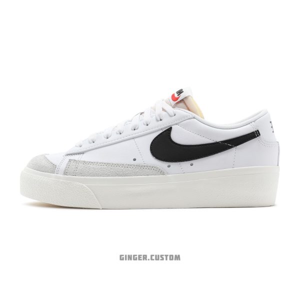 نایک بلیزر لو پلتفرم سفید مشکی / Nike Blazer Low Platform White Black برای سال جدید، نایک رنگ‌های بیشتری را معرفی کرده است که شامل این آرایش سفید/مشکی نیز می‌شود. رویه کفش که با چرم ساخته شده است به رنگ سفید است که با مارک Swoosh مشکی در دیواره کناری تضاد دارد و با جیر تونال در جلوی پا و پنجه جانبی تکمیل می شود.